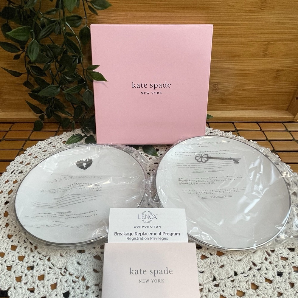 Kate Spade New York Lenox Key Court Tidbit Accent Plates Set of 2 Pink Box NIB